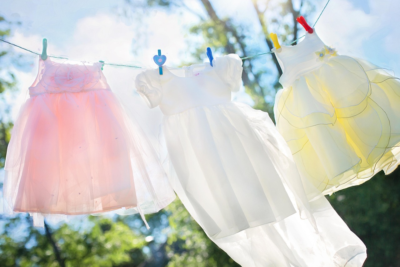 mobile-02 clothesline, little girl dresses, laundry, hang, clothespins, clean, airy, washed clothes, clothing, dresses, children's clothes, clothes
