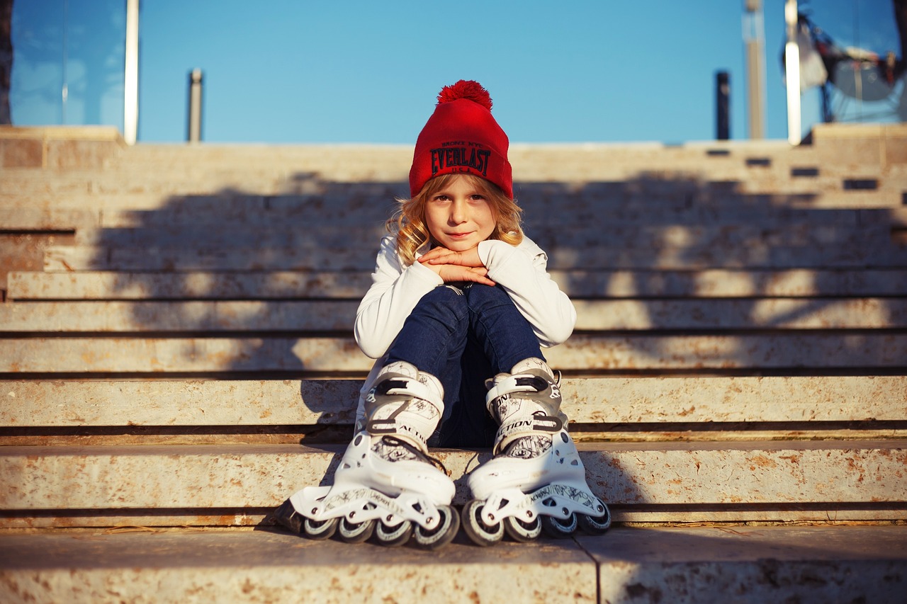 kid, roller skates, stairs, girl, child, childhood, summer, day, cap, jacket, blazer, outdoor, park, nature, fall, autumn, blonde, curls, cute